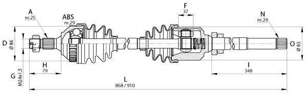 MOTORTEC PEG 0186 Aks Komple Sağ Peugeot Partner 96>08 Citroen Berlingo 96>08 Xsara 98>05 29 Diş Abs Li - 25x24x884