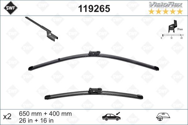 VALEO 119265 Ön Silecek Süpürge Takimi Opel Adam 12>19 Peugeot Partner 08> P208 P2008 03 12>19 Citroen Berlingo 0 8> C3 16> Fiat Egea 16> Fiesta 09>17 650 400 Swf Visioflex Flat Blade X2 650 400 Mm