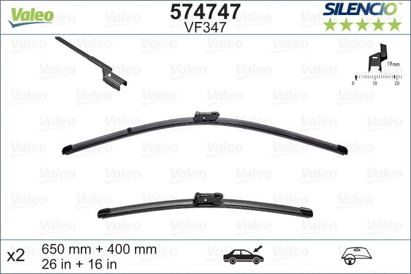 VALEO 574747 Ön Silecek Süpürge Takimi Opel Adam 12>19 Peugeot Partner 08> P208 P2008 03 12>19 Citroen Berlingo 0 8> C3 16> Fiat Egea 16> Fiesta 09>17 650 400 X-Trm Flat Blade Vm347 X2 650 400 Mm