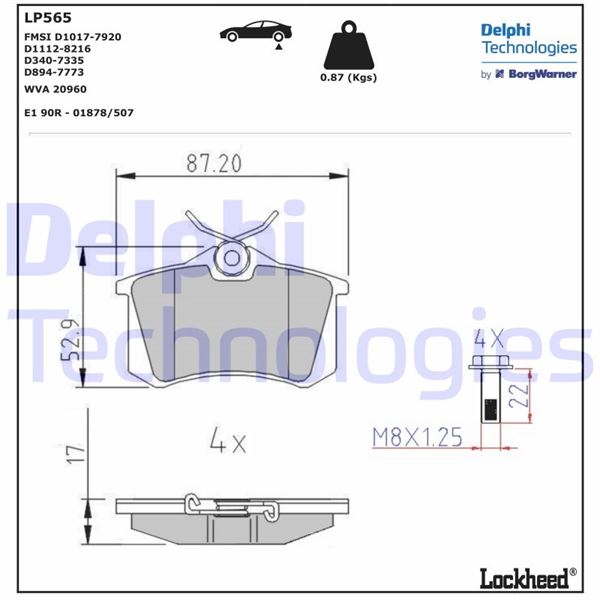 DELPHI LP565 Arka Balata Fluence-Megane Ii-Iii-P207-P308-P307-Partner-Berlingo-C2-C3-C4-Crossland- Bora-Passat 97 >Golf Iv-V-Polo 87x52.9x17