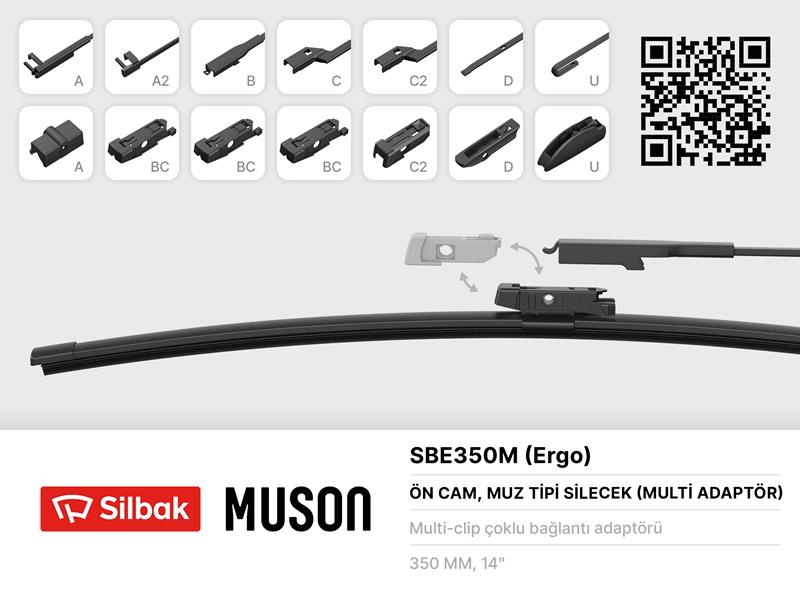 SILBAK SBE350M Silecek Süpürgesi Muz Tipi 350mm A. Bc.C2.D Ve U Tipi Kollar Icin Multi Adaptorlü