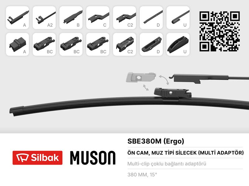 SILBAK SBE380M Silecek Süpürgesi Muz Tipi 380mm A. Bc.C2.D Ve U Tipi Kollar Icin Multi Adaptorlü