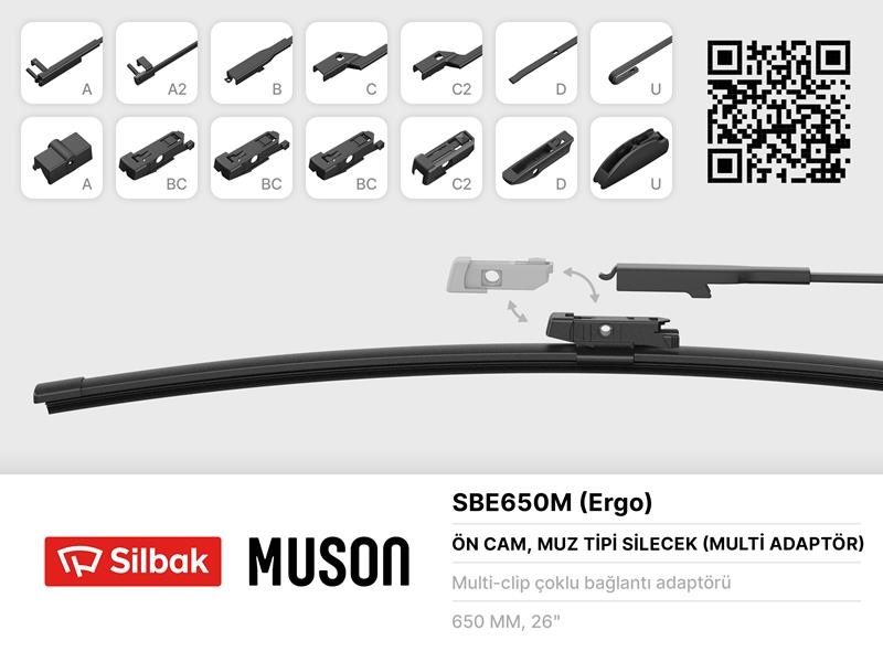 SILBAK SBE650M Silecek Süpürgesi Muz Tipi 650mm A. Bc.C2.D Ve U Tipi Kollar Icin Multi Adaptorlü