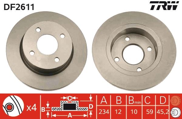 TRW DF2611 Ön Fren Diski Dolu Tip Nissan Micra K11 92-02 234 Çap X 4 Bijon - Takım Disk Fiyatıdır