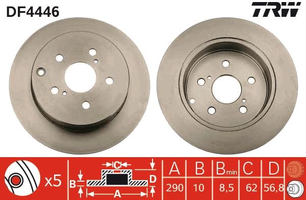 WBD1273 Fren Diski Arka Duz 5 Bjn 290x10x62x57 Toyota Corolla Verso 1.6 2004-2009 / Corolla Verso 1.8 2004-2009 / Corolla Verso 2.0 D-4d 2004-2009