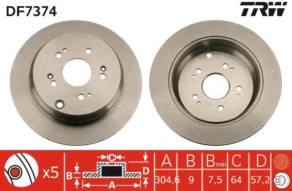 WBD1077 Fren Diski Arka Duz 5 Bjn 304,6x9x64,15x60,7 Honda Cr-V Iv 1.6i Dtec - 2.0 - 2.2i 2012-2014/ Cr-V Iii 2.2i Ctdi - 2.0 I-Vtec 2006-2012/ Cr-V Ii 2.0i 2002-2006