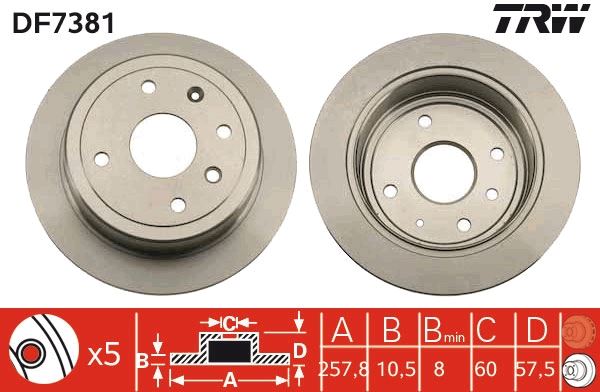 TRW DF7381 Arka Fren Diski Aveo 05>13 Lacetti 2005 > Nubira 2005 > Optra 2003-2008 257x10.5x60x4dl Dolu