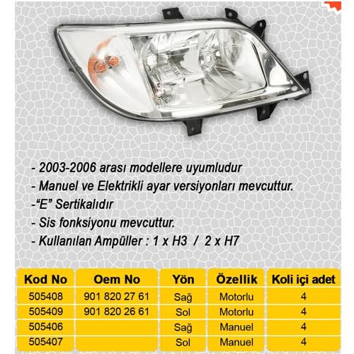 AYFAR 505408 Far Sag Halojen. Motorlu Mercedes Sprinter B901>B904 00>06