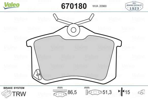 VALEO 670180 Arka Fren Balata Renault Clio 05> Kangoo 01> Laguna 96> Fluence 09> Megane 96> Citroen Berlingo 99> C2 C3 C4 03> Ds4 11> Peugeot 307 00> 308 07> Partner 96>Vw Polo Classic 95>01 Golf Iii-Iv-Passat Iii
