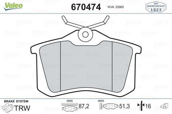 VALEO 670474 Arka Balata Fluence-Megane Ii-Iii-P207-P308-P307-Partner-Berlingo-C2-C3-C4-Crossland- Bora-Passat 97 >Golf Iv-V-Polo 87x52.9x17