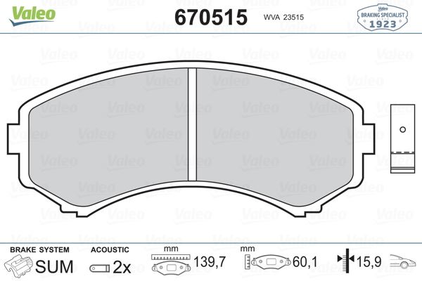 VALEO 670515 Ön Fren Balata Mazda E2200 2.2l R2 Sd1 Kasa Kamyonet 97-04 / Mpv 2.0l Rf Lw Kasa 02-06