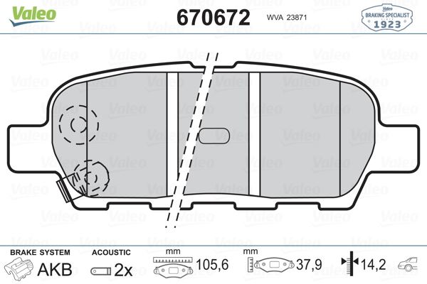 VALEO 670672 Arka Fren Balata Nissan Qashqai 1.5l 1.6l 2.0l K9k M9r Hr16de Mr20de J10 06-13 / X-Trail 2.0l Qr20de T30 01-07 2.5l Qr25de T30 01-> 2.2l Yd22ddti T30 01-> / Murano 3.5l Z51 4x4 Dci 08-> / Infiniti Fx