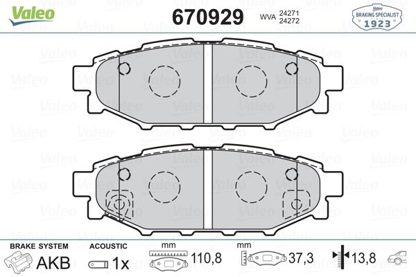 VALEO 670929 Arka Fren Balata Subaru Forester 2.0l Ej20 Sh Benzinli 08-13 / Impreza 1.5l Ej15 Awd Ge3 06-> / Outb Ack 2.0l 2.5l 03-> / Legacy 2.0l Ej20 Ee20z Bl 03-09