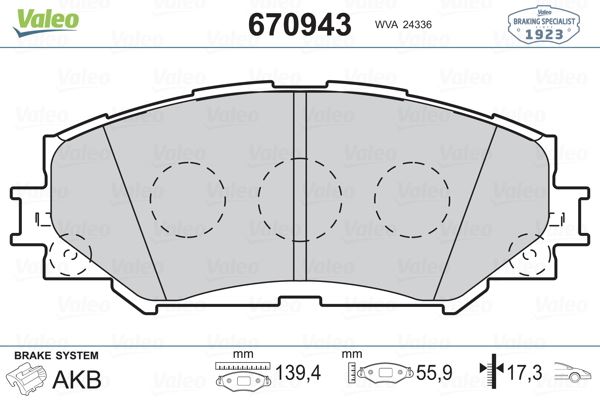 VALEO 670943 Ön Fren Balata Toyota Auris. Corolla 1.6l 1zr-Fe Zre151 07-11 / 1.33l 1nr-Fe Nre150 6 Vites 10-12