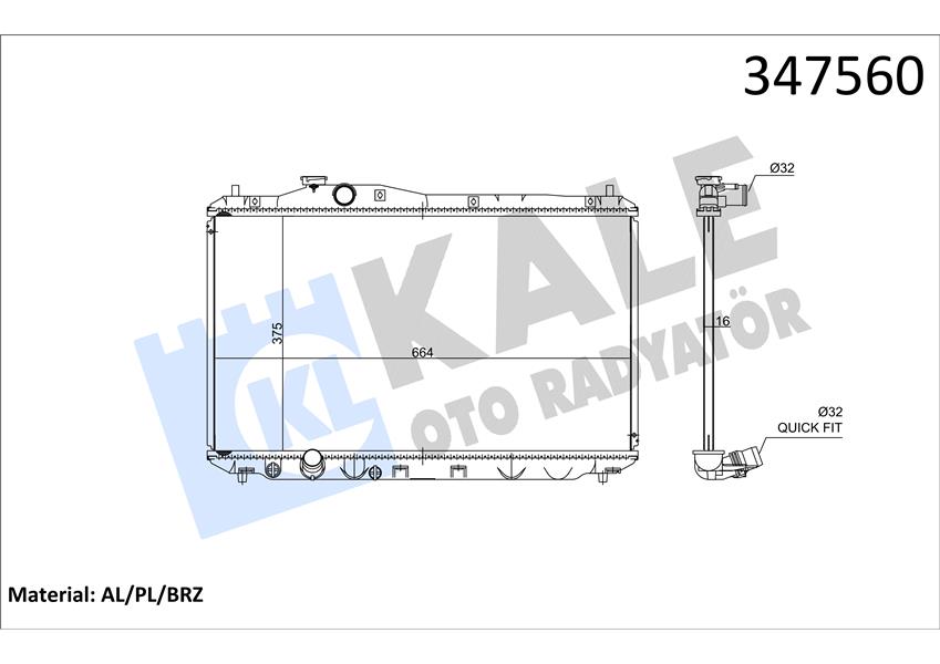 KLR-347565 Su Radyatoru (Honda  Civic 1.8 16v 12/ / Civic 1.6 Dtec 1.8 Vtec 14-/ 16mm  Otomatik Sanzuman )