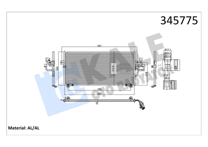 KLR-345775 Klima Radyator (Mitsubishi  Colt 1.3-1.5-1.6 96/03 Lancer 1.3-1.5-1.6-2.0 92/03) 610×352x28