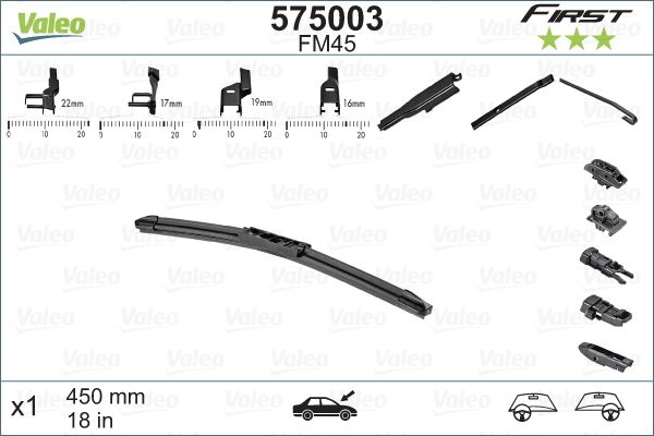 VALEO 575003 Silecek Süpürgesi 45cm X1 Muz Tipi First 4 Aparatli/Multiconnection Üniversal Vfb45