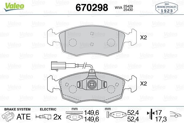 VALEO 670298 Ön Fren Balatasi Fiat 500 10> 500 C 12> Punto 09> Punto Evo 09> K:17.1 Mm G:149.3 Mm