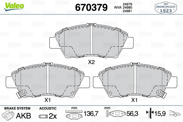 VALEO 670379 Ön Fren Balata Honda Jazz 1.4l L13z Gg Kasa 08-> / Cr-Z 1.5l Lea1 Hybrid Zf1 Kasa 10->