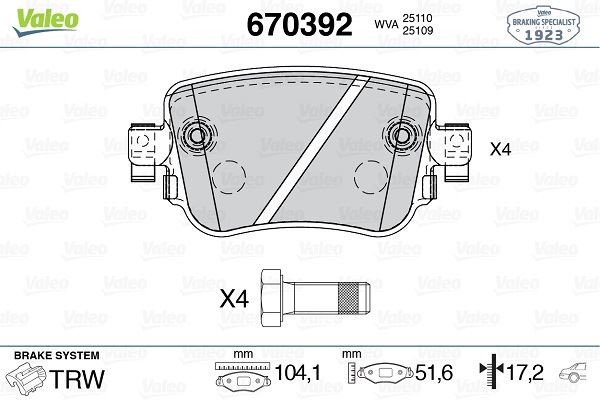 VALEO 670392 Arka Balata Vw Caddy Iv 2.0tdi 15 > Cuuf-Dfsf 104.1x17.2x51.6