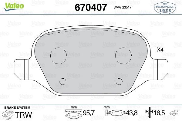 VALEO 670407 Arka Fren Balatasi Fiat Linea 09> Alfa 147 01>156 97>03 Gt 03>10