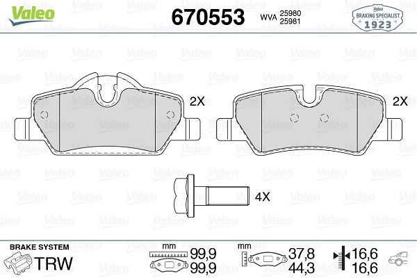 VALEO 670553 Fren Balatasi Arka Mini F55 F56 F57