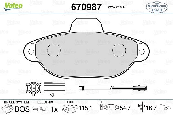 VALEO 670987 Ön Balata Fişli Fiat Panda 1.2 09 > Panda 1.4 10 > 500 1.2 11/08 > Ford Ka 1.2 2.09 >