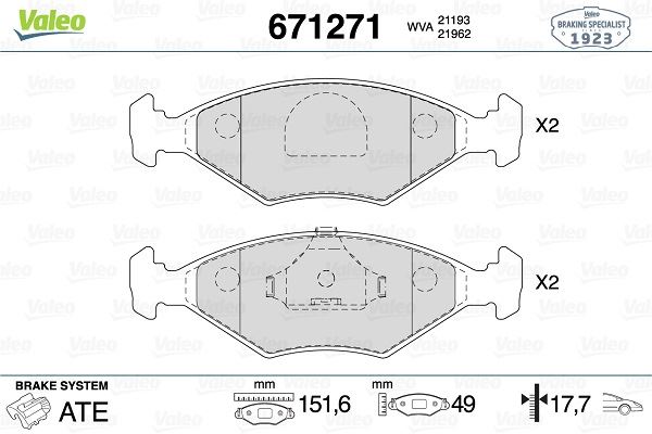 VALEO 671271 Ön Disk Fren Balatasi Fiat Elba Csl 1.4/1.6 06/92 - 08/97 Fiat Fiorino 1.4/1.6/1.7d 01/88 - 05/01