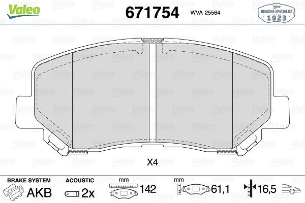 VALEO 671754 Ön Fren Balata Mazda Cx-5 2.0l Pe Skyactiv Ke Kf Kasa 12-> / 2.2l Sh Dizel Ke Kf Kasa 17-18