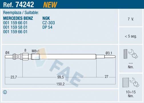 FAE 74242 Kizdirma Bujisi Mercedes Om640 Om642 Om651 W176 W204 W205 C218 W211 W212 W164 W221 W639 W447 B906