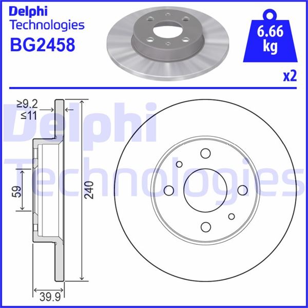 DELPHI BG2458 On Fren Diski Fiat 500 500c 07> Tipo-Punto-Tempra-Panda-Marea-Bravo 96> Alfa Romeo 145-146-155 92> Ford Ka 08>12 240.5x11 4delik