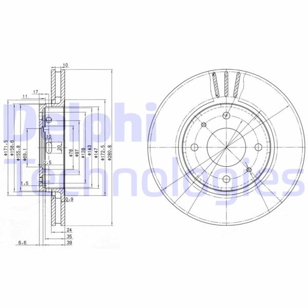 DELPHI BG3501C Ön Fren Diski Hava Kanalli Mitsubishi Carisma 1.6l 4g92 Da1a 95-> 1.8l Gdi 4g93 Da2a 95-> 1.9l Di -D F9q Dizel Da5a 00-05 / Space Star 1.3l 1.6l Dg1a 98-> / Volvo S40 1.6 1.8 1.9 2.0 T 95/04 V40