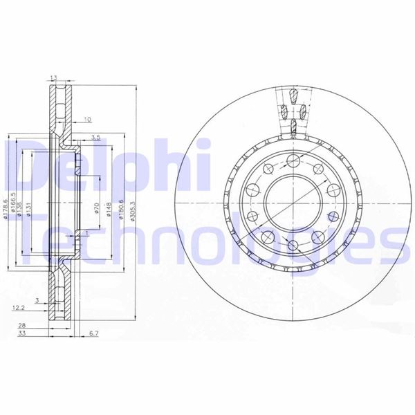 DELPHI BG3951 Ön Fren Diski Jeep Renegade 14> Compass 16> Alfa Romeo 159 05> Giulietta 10> Fiat 500x 14> 305x28x5 Delik