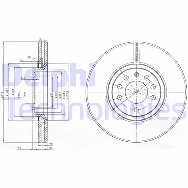 DELPHI BG3973 Ön Fren Diski Opel Vectra C 2.8-3.0 03>08 314x45x7 Havali