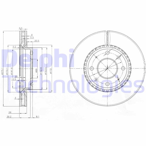DELPHI BG4016 Ön Fren Diski Hava Kanalli Kia Cerato 1.6l G4ed 04-> / 1.5l D4fa Crdi 04-06 / 1.6l D4fb 07-10 / 2. 0l D4ea Dizel 04-06 275 Çap X 4 Bijon - Takım Disk Fiyatıdır