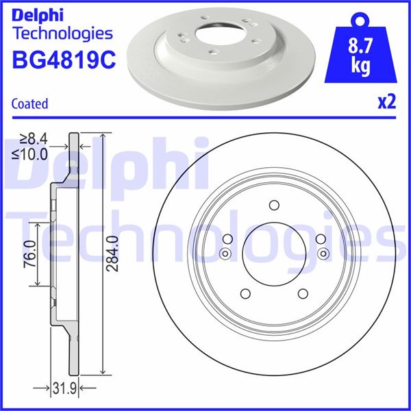 DELPHI BG4819C Arka Fren Diski Dolu Tip - Kaplamali Hyundai İ30 1.4l G4ld 17-> / Ioniq Em09 Em10 120hp 136hp Elec Tric 16-22 / Kia Xceed 1.6l D4fe G4lk 7 Vites 19-> 284 Çap X 5 Bijon - Takım Disk Fiyatıdır