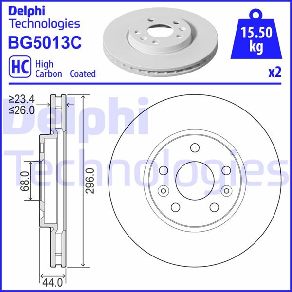 DELPHI BG5013C Ön Fren Diski Renault Megane Iv 15> Talisman 15> Diş Çap:296mm K:26mm Y:44mm 5 Delik