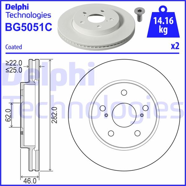DELPHI BG5051C Ön Fren Diski Hava Kanalli Toyota Corolla 1.6l 1zr-Fae Zre210 19-> / 1.2l 8nr-Fts Nre210 / 1.8l 2 Zr-Fxe Hybrid Zwe211 19-> / Yaris Cross 1.5l 20-> 282 Çap X 5 Bijon - Takım Disk Fiyatıdır