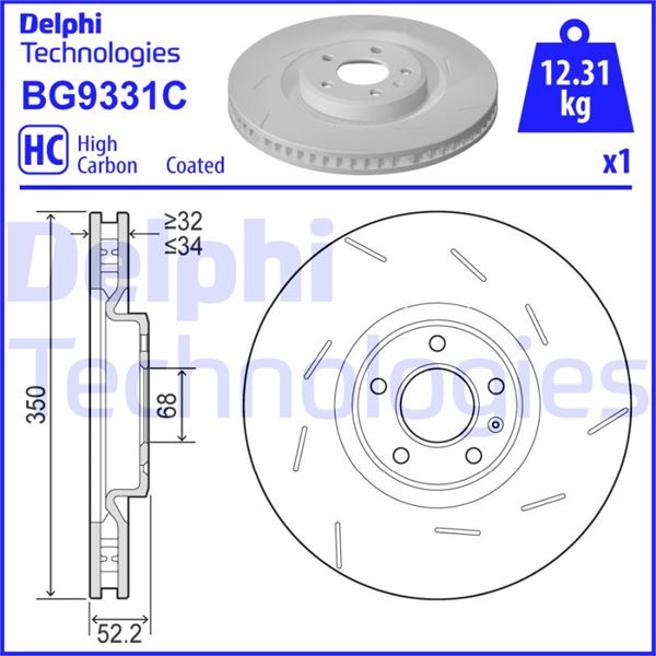 DELPHI BG9331C Fren Diski Tekli Paket - Boyali. Delikli Ön Sol Porsche Macan 02/2014 >