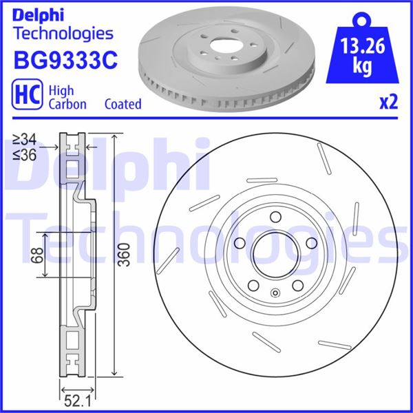 DELPHI BG9333C Fren Diski Tekli Paket - Boyali. Delikli Ön Sol Porsche Macan 02/2014 >