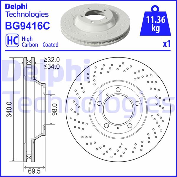 DELPHI BG9416C Fren Diski Tekli Paket - Boyali. Delikli Ön Sağ Porsche 911. Boxster 12/2011 >