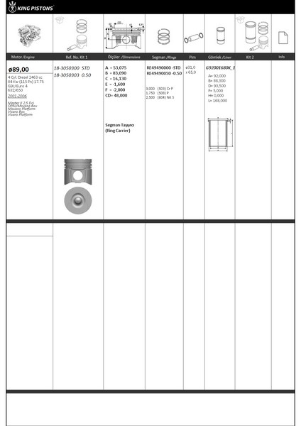 FM 87-71978 050 Piston+Segman 89mm:0,50(G9u) Master-Movano