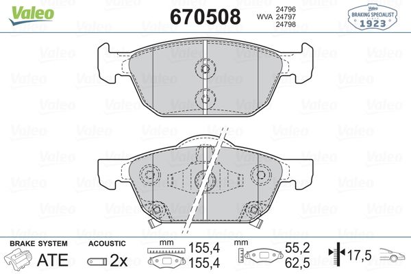 VALEO 670508 Ön Fren Balata Honda Civic 1.6l N16a İ-Dtec Dizel Fk3 Kasa 13-> / Civic 1.5l Vtec Rs Modeli Hatchb Ack Fk7 Kasa 17->