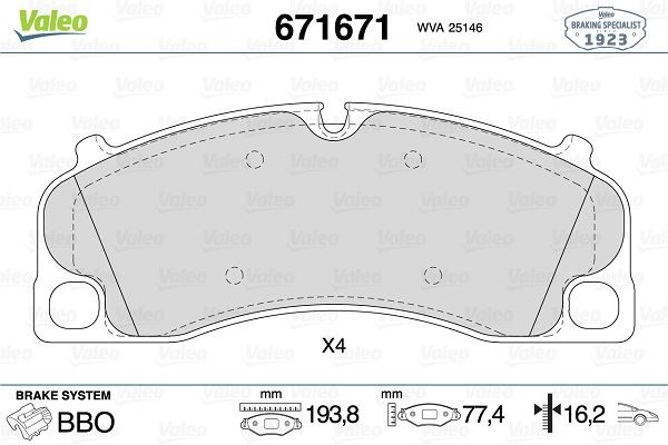 VALEO 671671 Ön Disk Fren Balatasi Porsche 911 3.4/3.8 10/12> Porsche Boxster 2.7/3.4 01/12>