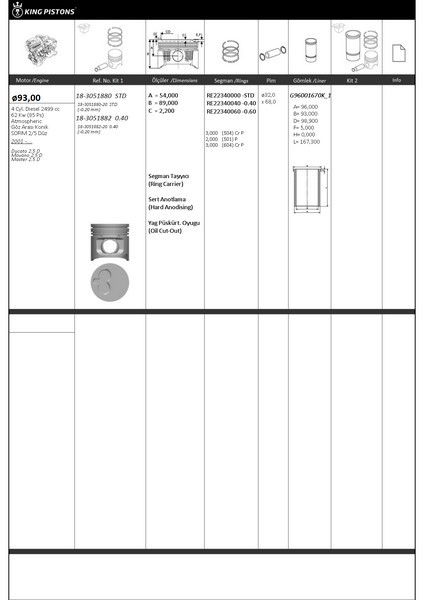 KINGPISTON 18-3051880-20 Piston Kiti 1 93 Std Fiat-Opel-Renault Ducato 2.5 D Movano 2.5 D Master 2.5 D 0.20 Mm Kisa-Göz Ara Si Konik-Sofim 2/5 Düz