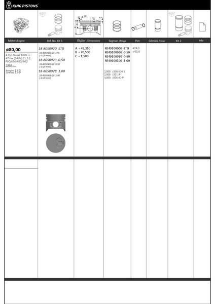 KINGPISTON 18-8050920-20 Piston Kiti 1 80 Std Renault-Nissan Kangoo 1.9 D 0.20 Mm Kisa-F8q. 630/632/662