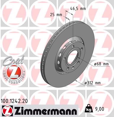 ZIMMERMANN 100.1242.20 Ön Fren Aynasi Passat 1.6-1.9tdi-2.0-1.8t 00/5.05 A4 01>A6 97superb 02>Exeo 09> 312x25x10dlxhavali X 986479057-Df4262s