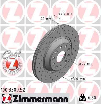 ZIMMERMANN 100.3309.52 Arka Fren Aynasi Golf V-Vi-Passat 07/05>Variant 05>Eos 06>A3 03>Scirocco 08> 310x22x9dlxhavali Delikli -986479303-Df4754