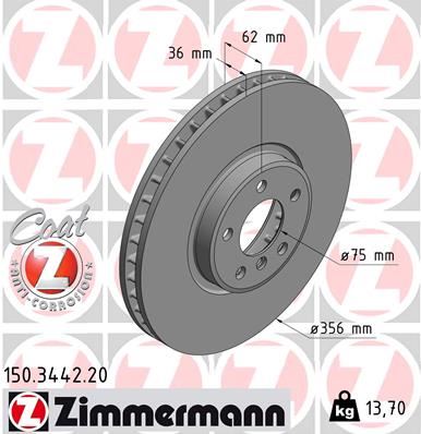 ZIMMERMANN 150.3442.20 Fren Diski. Ön. 356 /36-34.4 Mm . Hava Kanalli. Kaplamali. Yüksek Karbon Alaşimli 986479349-986ab6414