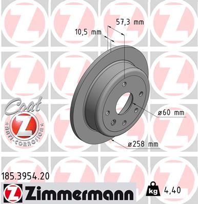 ZIMMERMANN 185.3954.20 Arka Fren Diski Aveo 05>13 Lacetti 2005 > Nubira 2005 > Optra 2003-2008 257x10.5x60x4dl Dolu